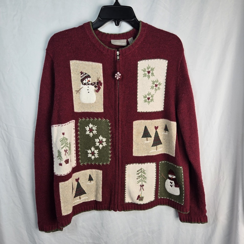 VTG 90s Croft & Barrow Patchwork Sweater Womens Large Zip Up Country Christmas
